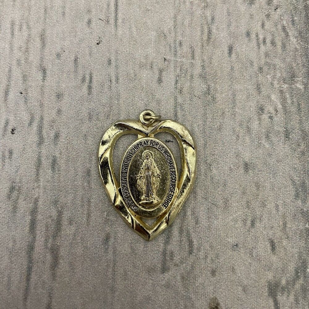 Blessed Virgin Mary Heart Shape Gold Tone Metal Necklace Pendant